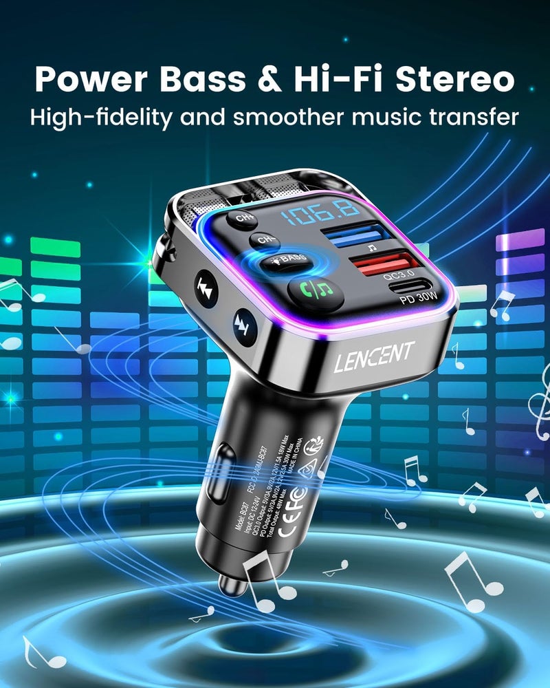 Lencent Bluetooth 5.3 FM Transmitter Car Adapter 48W (PD30W & QC18W) Fast Charger, Light Switch, HiFi Bass Sound Audio Receiver Wireless Radio MP3 Music Player, Hands-Free Calling, Support USB Drive - Image 3